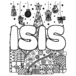 Coloriage pr&eacute;nom ISIS - d&eacute;cor Sapin et Cadeaux