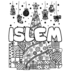 Coloriage prénom ISLEM - décor Sapin et Cadeaux