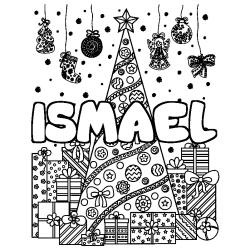 Coloriage prénom ISMAEL - décor Sapin et Cadeaux
