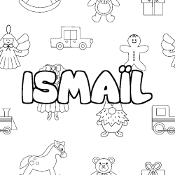 Coloriage pr&eacute;nom ISMA&Iuml;L - d&eacute;cor Jouets