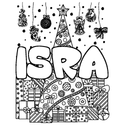 Coloriage prénom ISRA - décor Sapin et Cadeaux