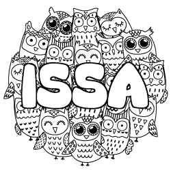 Coloriage prénom ISSA - décor Chouettes