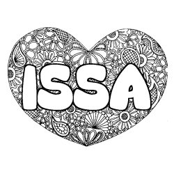Coloriage pr&eacute;nom ISSA - d&eacute;cor Mandala coeur