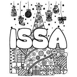 Coloriage prénom ISSA - décor Sapin et Cadeaux