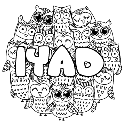 Coloriage pr&eacute;nom IYAD - d&eacute;cor Chouettes