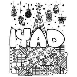 Coloriage prénom IYAD - décor Sapin et Cadeaux