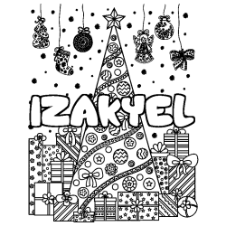 Coloriage prénom IZAKYEL - décor Sapin et Cadeaux