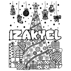Coloriage pr&eacute;nom IZAKYEL - d&eacute;cor Sapin et Cadeaux