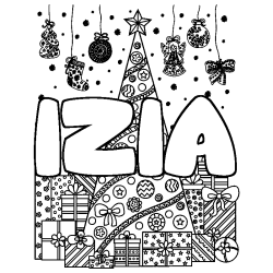 Coloriage prénom IZIA - décor Sapin et Cadeaux