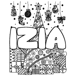 Coloriage pr&eacute;nom IZIA - d&eacute;cor Sapin et Cadeaux