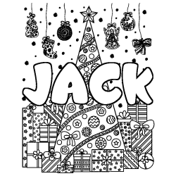 Coloriage pr&eacute;nom JACK - d&eacute;cor Sapin et Cadeaux