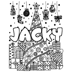 Coloriage prénom JACKY - décor Sapin et Cadeaux