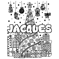 Coloriage pr&eacute;nom JACQUES - d&eacute;cor Sapin et Cadeaux
