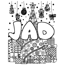 Coloriage prénom JAD - décor Sapin et Cadeaux