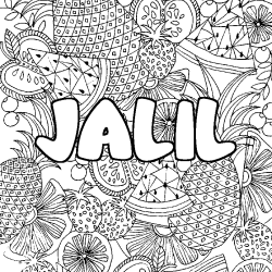 Coloriage pr&eacute;nom JALIL - d&eacute;cor Mandala fruits