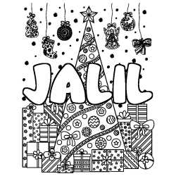 Coloriage prénom JALIL - décor Sapin et Cadeaux