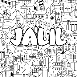Coloriage pr&eacute;nom JALIL - d&eacute;cor Ville