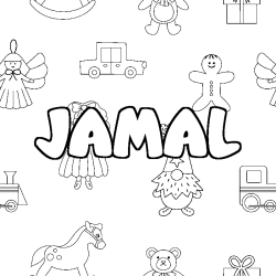 Coloriage prénom JAMAL - décor Jouets