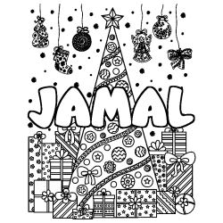 Coloriage prénom JAMAL - décor Sapin et Cadeaux