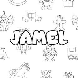 Coloriage prénom JAMEL - décor Jouets