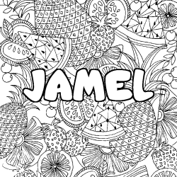 Coloriage prénom JAMEL - décor Mandala fruits