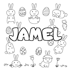Coloriage pr&eacute;nom JAMEL - d&eacute;cor Paques