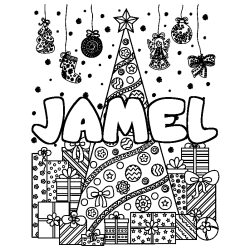 Coloriage pr&eacute;nom JAMEL - d&eacute;cor Sapin et Cadeaux