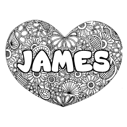 Coloriage pr&eacute;nom JAMES - d&eacute;cor Mandala coeur