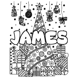 Coloriage prénom JAMES - décor Sapin et Cadeaux