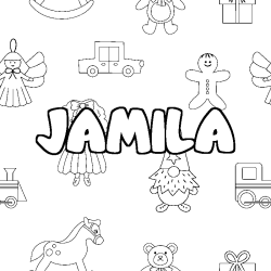 Coloriage prénom JAMILA - décor Jouets