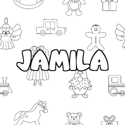 Coloriage pr&eacute;nom JAMILA - d&eacute;cor Jouets