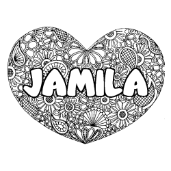 Coloriage pr&eacute;nom JAMILA - d&eacute;cor Mandala coeur