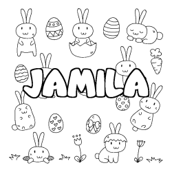 Coloriage pr&eacute;nom JAMILA - d&eacute;cor Paques