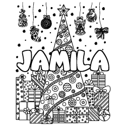 Coloriage pr&eacute;nom JAMILA - d&eacute;cor Sapin et Cadeaux