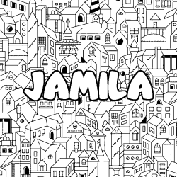 Coloriage prénom JAMILA - décor Ville