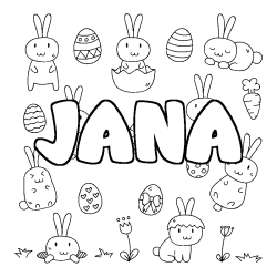 Coloriage prénom JANA - décor Paques