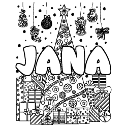 Coloriage prénom JANA - décor Sapin et Cadeaux