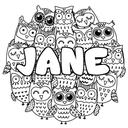 Coloriage prénom JANE - décor Chouettes