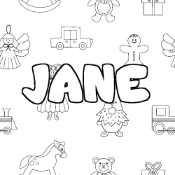 Coloriage pr&eacute;nom JANE - d&eacute;cor Jouets