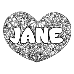 Coloriage prénom JANE - décor Mandala coeur
