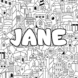 Coloriage pr&eacute;nom JANE - d&eacute;cor Ville