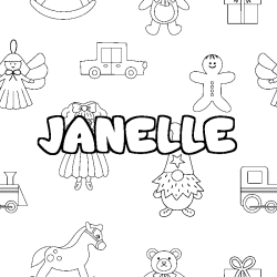Coloriage pr&eacute;nom JANELLE - d&eacute;cor Jouets