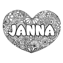 Coloriage pr&eacute;nom JANNA - d&eacute;cor Mandala coeur