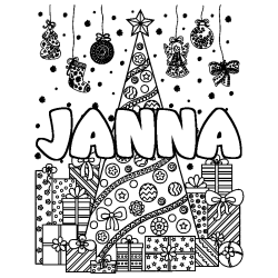 Coloriage pr&eacute;nom JANNA - d&eacute;cor Sapin et Cadeaux