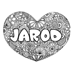 Coloriage pr&eacute;nom JAROD - d&eacute;cor Mandala coeur