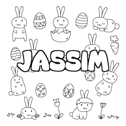 Coloriage prénom JASSIM - décor Paques