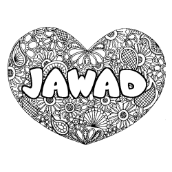 Coloriage pr&eacute;nom JAWAD - d&eacute;cor Mandala coeur