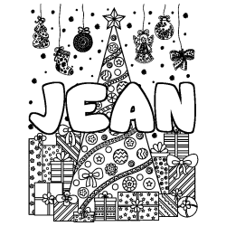Coloriage prénom JEAN - décor Sapin et Cadeaux