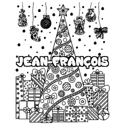 Coloriage pr&eacute;nom JEAN-FRAN&Ccedil;OIS - d&eacute;cor Sapin et Cadeaux