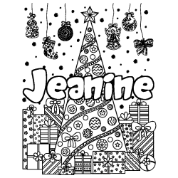 Coloriage prénom Jeanine - décor Sapin et Cadeaux